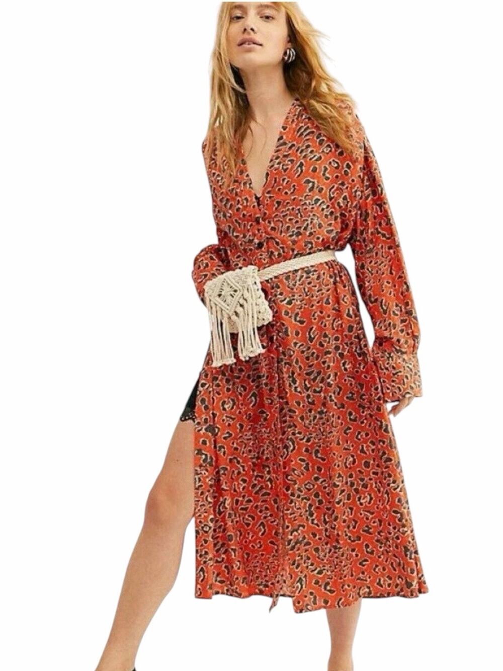 Free People Womens C’est Moi Maxi Top Leopard Print Size S Orange Flowy